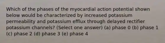 Which of the phases of the myocardial action potential shown below would be characterized by increased potassium permeability and potassium efflux through delayed rectifier potassium channels? (Select one answer) (a) phase 0 (b) phase 1 (c) phase 2 (d) phase 3 (e) phase 4