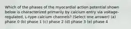 Which of the phases of the myocardial action potential shown below is characterized primarily by calcium entry via voltage-regulated, L-type calcium channels? (Select one answer) (a) phase 0 (b) phase 1 (c) phase 2 (d) phase 3 (e) phase 4