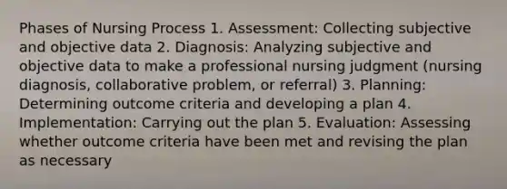 Phases of Nursing Process 1. Assessment: Collecting subjective and objective data 2. Diagnosis: Analyzing subjective and objective data to make a professional nursing judgment (nursing diagnosis, collaborative problem, or referral) 3. Planning: Determining outcome criteria and developing a plan 4. Implementation: Carrying out the plan 5. Evaluation: Assessing whether outcome criteria have been met and revising the plan as necessary