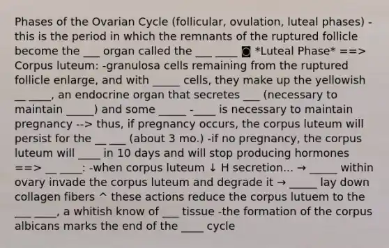 Phases of the Ovarian Cycle (follicular, ovulation, luteal phases) -this is the period in which the remnants of the ruptured follicle become the ___ organ called the ___ ____ ◙ *Luteal Phase* ==> Corpus luteum: -granulosa cells remaining from the ruptured follicle enlarge, and with _____ cells, they make up the yellowish __ ____, an endocrine organ that secretes ___ (necessary to maintain _____) and some _____ -____ is necessary to maintain pregnancy --> thus, if pregnancy occurs, the corpus luteum will persist for the __ ___ (about 3 mo.) -if no pregnancy, the corpus luteum will ____ in 10 days and will stop producing hormones ==> __ ____: -when corpus luteum ↓ H secretion... → _____ within ovary invade the corpus luteum and degrade it → _____ lay down collagen fibers ^ these actions reduce the corpus lutuem to the ___ ____, a whitish know of ___ tissue -the formation of the corpus albicans marks the end of the ____ cycle