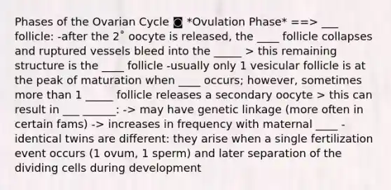 Phases of the Ovarian Cycle ◙ *Ovulation Phase* ==> ___ follicle: -after the 2˚ oocyte is released, the ____ follicle collapses and ruptured vessels bleed into the _____ > this remaining structure is the ____ follicle -usually only 1 vesicular follicle is at the peak of maturation when ____ occurs; however, sometimes <a href='https://www.questionai.com/knowledge/keWHlEPx42-more-than' class='anchor-knowledge'>more than</a> 1 _____ follicle releases a secondary oocyte > this can result in ___ ______: -> may have genetic linkage (more often in certain fams) -> increases in frequency with maternal ____ -identical twins are different: they arise when a single fertilization event occurs (1 ovum, 1 sperm) and later separation of the dividing cells during development