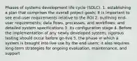 Phases of systems development life cycle (SDLC). 1. establishing a plan that comprises the overall project goals; It is important to see end-user requirements relative to the ROI 2. outlining end-user requirements; data flows, processes, and workflows; and detailed system specifications 3. its configuration stage 4. Before the implementation of any newly developed system, rigorous testing should occur before go-live 5. the phase in which a system is brought into live use by the end-users; it also requires long-term strategies for ongoing evaluation, maintenance, and support