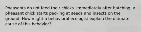 Pheasants do not feed their chicks. Immediately after hatching, a pheasant chick starts pecking at seeds and insects on the ground. How might a behavioral ecologist explain the ultimate cause of this behavior?