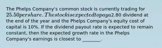 The Phelps Company's common stock is currently trading for 25.50 per share. The stock is expected to pay a2.80 dividend at the end of the year and the Phelps Company's equity cost of capital is 10%. If the dividend payout rate is expected to remain constant, then the expected growth rate in the Phelps Company's earnings is closest to ________.