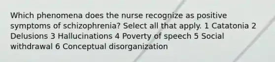 Which phenomena does the nurse recognize as positive symptoms of schizophrenia? Select all that apply. 1 Catatonia 2 Delusions 3 Hallucinations 4 Poverty of speech 5 Social withdrawal 6 Conceptual disorganization