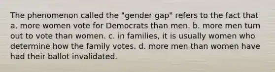 The phenomenon called the "gender gap" refers to the fact that a. more women vote for Democrats than men. b. more men turn out to vote than women. c. in families, it is usually women who determine how the family votes. d. more men than women have had their ballot invalidated.