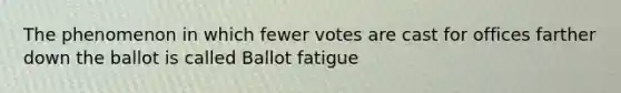 The phenomenon in which fewer votes are cast for offices farther down the ballot is called Ballot fatigue