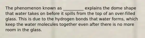 The phenomenon known as __________ explains the dome shape that water takes on before it spills from the top of an over-filled glass. This is due to the hydrogen bonds that water forms, which keep the water molecules together even after there is no more room in the glass.