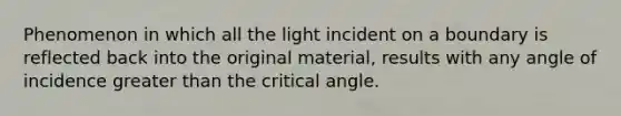 Phenomenon in which all the light incident on a boundary is reflected back into the original material, results with any angle of incidence <a href='https://www.questionai.com/knowledge/ktgHnBD4o3-greater-than' class='anchor-knowledge'>greater than</a> the critical angle.