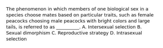 The phenomenon in which members of one biological sex in a species choose mates based on particular traits, such as female peacocks choosing male peacocks with bright colors and large tails, is referred to as __________. A. Intersexual selection B. Sexual dimorphism C. Reproductive strategy D. Intrasexual selection