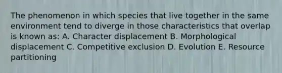 The phenomenon in which species that live together in the same environment tend to diverge in those characteristics that overlap is known as: A. Character displacement B. Morphological displacement C. Competitive exclusion D. Evolution E. Resource partitioning