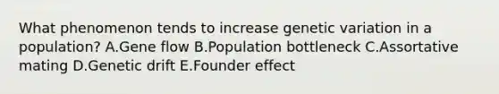 What phenomenon tends to increase genetic variation in a population? A.Gene flow B.Population bottleneck C.Assortative mating D.Genetic drift E.Founder effect