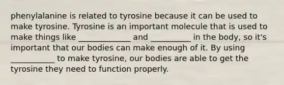 phenylalanine is related to tyrosine because it can be used to make tyrosine. Tyrosine is an important molecule that is used to make things like _____________ and __________ in the body, so it's important that our bodies can make enough of it. By using ___________ to make tyrosine, our bodies are able to get the tyrosine they need to function properly.