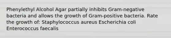 Phenylethyl Alcohol Agar partially inhibits Gram-negative bacteria and allows the growth of Gram-positive bacteria. Rate the growth of: Staphylococcus aureus Escherichia coli Enterococcus faecalis