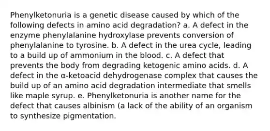 Phenylketonuria is a genetic disease caused by which of the following defects in amino acid degradation? a. A defect in the enzyme phenylalanine hydroxylase prevents conversion of phenylalanine to tyrosine. b. A defect in the urea cycle, leading to a build up of ammonium in the blood. c. A defect that prevents the body from degrading ketogenic amino acids. d. A defect in the α-ketoacid dehydrogenase complex that causes the build up of an amino acid degradation intermediate that smells like maple syrup. e. Phenylketonuria is another name for the defect that causes albinism (a lack of the ability of an organism to synthesize pigmentation.