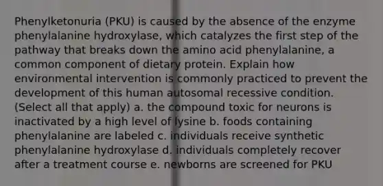 Phenylketonuria (PKU) is caused by the absence of the enzyme phenylalanine hydroxylase, which catalyzes the first step of the pathway that breaks down the amino acid phenylalanine, a common component of dietary protein. Explain how environmental intervention is commonly practiced to prevent the development of this human autosomal recessive condition. (Select all that apply) a. the compound toxic for neurons is inactivated by a high level of lysine b. foods containing phenylalanine are labeled c. individuals receive synthetic phenylalanine hydroxylase d. individuals completely recover after a treatment course e. newborns are screened for PKU