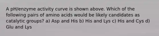 A pH/enzyme activity curve is shown above. Which of the following pairs of amino acids would be likely candidates as catalytic groups? a) Asp and His b) His and Lys c) His and Cys d) Glu and Lys