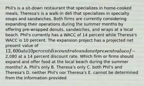 Phil's is a sit-down restaurant that specializes in home-cooked meals. Theresa's is a walk-in deli that specializes in specialty soups and sandwiches. Both firms are currently considering expanding their operations during the summer months by offering pre-wrapped donuts, sandwiches, and wraps at a local beach. Phil's currently has a WACC of 14 percent while Theresa's WACC is 10 percent. The expansion project has a projected net present value of 12,600 at a 10 percent discount rate and a net present value of -2,080 at a 14 percent discount rate. Which firm or firms should expand and offer food at the local beach during the summer months? A. Phil's only B. Theresa's only C. both Phil's and Theresa's D. neither Phil's nor Theresa's E. cannot be determined from the information provided