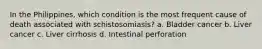 In the Philippines, which condition is the most frequent cause of death associated with schistosomiasis? a. Bladder cancer b. Liver cancer c. Liver cirrhosis d. Intestinal perforation