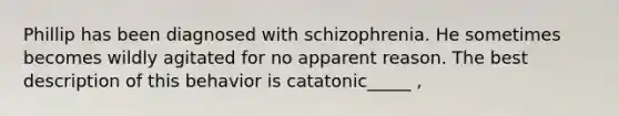 Phillip has been diagnosed with schizophrenia. He sometimes becomes wildly agitated for no apparent reason. The best description of this behavior is catatonic_____ ,