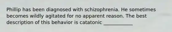 Phillip has been diagnosed with schizophrenia. He sometimes becomes wildly agitated for no apparent reason. The best description of this behavior is catatonic ____________