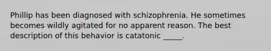 Phillip has been diagnosed with schizophrenia. He sometimes becomes wildly agitated for no apparent reason. The best description of this behavior is catatonic _____.