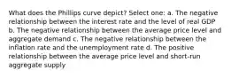 What does the Phillips curve depict? Select one: a. The negative relationship between the interest rate and the level of real GDP b. The negative relationship between the average price level and aggregate demand c. The negative relationship between the inflation rate and the unemployment rate d. The positive relationship between the average price level and short-run aggregate supply