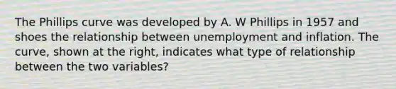 The Phillips curve was developed by A. W Phillips in 1957 and shoes the relationship between unemployment and inflation. The curve, shown at the right, indicates what type of relationship between the two variables?