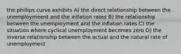 the phillips curve exhibits A) the direct relationship between the unemploymeent and the inflation rates B) the relationship between the unemployment and the inflation rates C) the situation where cyclical unemployment becomes zero D) the inverse relationship between the actual and the natural rate of unemployment