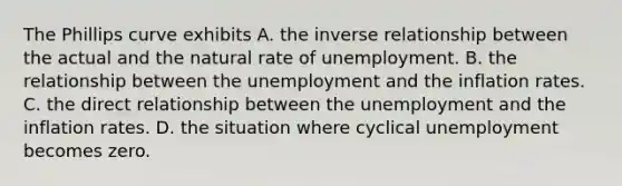 The Phillips curve exhibits A. the inverse relationship between the actual and the natural rate of unemployment. B. the relationship between the unemployment and the inflation rates. C. the direct relationship between the unemployment and the inflation rates. D. the situation where cyclical unemployment becomes zero.