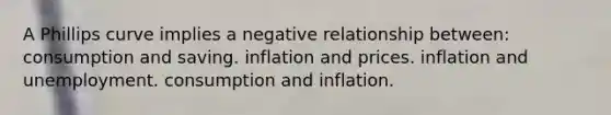 A Phillips curve implies a negative relationship between: consumption and saving. inflation and prices. inflation and unemployment. consumption and inflation.