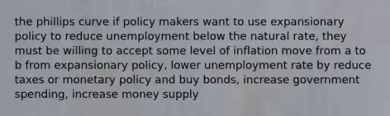 the phillips curve if policy makers want to use expansionary policy to reduce unemployment below the natural rate, they must be willing to accept some level of inflation move from a to b from expansionary policy, lower <a href='https://www.questionai.com/knowledge/kh7PJ5HsOk-unemployment-rate' class='anchor-knowledge'>unemployment rate</a> by reduce taxes or <a href='https://www.questionai.com/knowledge/kEE0G7Llsx-monetary-policy' class='anchor-knowledge'>monetary policy</a> and buy bonds, increase government spending, increase money supply
