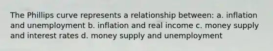 The Phillips curve represents a relationship between: a. inflation and unemployment b. inflation and real income c. money supply and interest rates d. money supply and unemployment