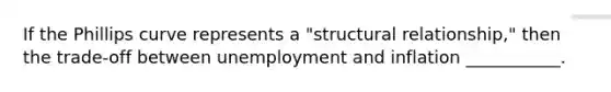 If the Phillips curve represents a "structural relationship," then the trade-off between unemployment and inflation ___________.