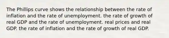 The Phillips curve shows the relationship between the rate of inflation and the rate of unemployment. the rate of growth of real GDP and the rate of unemployment. real prices and real GDP. the rate of inflation and the rate of growth of real GDP.