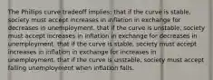 The Phillips curve tradeoff implies: that if the curve is stable, society must accept increases in inflation in exchange for decreases in unemployment. that if the curve is unstable, society must accept increases in inflation in exchange for decreases in unemployment. that if the curve is stable, society must accept increases in inflation in exchange for increases in unemployment. that if the curve is unstable, society must accept falling unemployment when inflation falls.