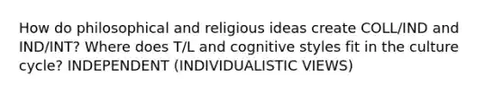 How do philosophical and religious ideas create COLL/IND and IND/INT? Where does T/L and cognitive styles fit in the culture cycle? INDEPENDENT (INDIVIDUALISTIC VIEWS)