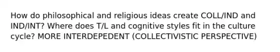 How do philosophical and religious ideas create COLL/IND and IND/INT? Where does T/L and cognitive styles fit in the culture cycle? MORE INTERDEPEDENT (COLLECTIVISTIC PERSPECTIVE)