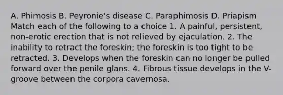 A. Phimosis B. Peyronie's disease C. Paraphimosis D. Priapism Match each of the following to a choice 1. A painful, persistent, non-erotic erection that is not relieved by ejaculation. 2. The inability to retract the foreskin; the foreskin is too tight to be retracted. 3. Develops when the foreskin can no longer be pulled forward over the penile glans. 4. Fibrous tissue develops in the V-groove between the corpora cavernosa.