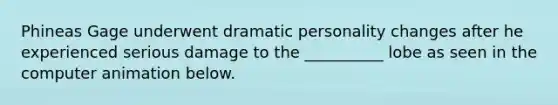 Phineas Gage underwent dramatic personality changes after he experienced serious damage to the __________ lobe as seen in the computer animation below.