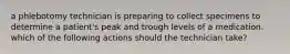 a phlebotomy technician is preparing to collect specimens to determine a patient's peak and trough levels of a medication. which of the following actions should the technician take?