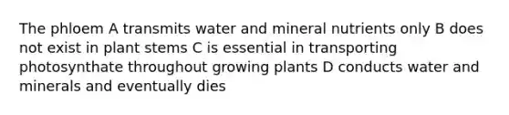 The phloem A transmits water and mineral nutrients only B does not exist in plant stems C is essential in transporting photosynthate throughout growing plants D conducts water and minerals and eventually dies