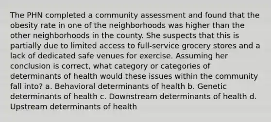 The PHN completed a community assessment and found that the obesity rate in one of the neighborhoods was higher than the other neighborhoods in the county. She suspects that this is partially due to limited access to full-service grocery stores and a lack of dedicated safe venues for exercise. Assuming her conclusion is correct, what category or categories of determinants of health would these issues within the community fall into? a. Behavioral determinants of health b. Genetic determinants of health c. Downstream determinants of health d. Upstream determinants of health