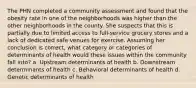 The PHN completed a community assessment and found that the obesity rate in one of the neighborhoods was higher than the other neighborhoods in the county. She suspects that this is partially due to limited access to full-service grocery stores and a lack of dedicated safe venues for exercise. Assuming her conclusion is correct, what category or categories of determinants of health would these issues within the community fall into? a. Upstream determinants of health b. Downstream determinants of health c. Behavioral determinants of health d. Genetic determinants of health