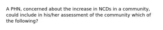 A PHN, concerned about the increase in NCDs in a community, could include in his/her assessment of the community which of the following?