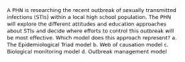 A PHN is researching the recent outbreak of sexually transmitted infections (STIs) within a local high school population. The PHN will explore the different attitudes and education approaches about STIs and decide where efforts to control this outbreak will be most effective. Which model does this approach represent? a. The Epidemiological Triad model b. Web of causation model c. Biological monitoring model d. Outbreak management model