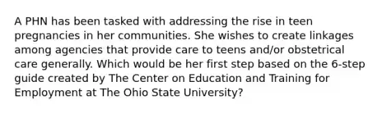 A PHN has been tasked with addressing the rise in teen pregnancies in her communities. She wishes to create linkages among agencies that provide care to teens and/or obstetrical care generally. Which would be her first step based on the 6-step guide created by The Center on Education and Training for Employment at The Ohio State University?