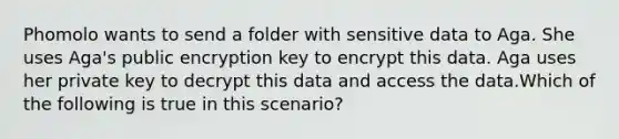 Phomolo wants to send a folder with sensitive data to Aga. She uses Aga's public encryption key to encrypt this data. Aga uses her private key to decrypt this data and access the data.Which of the following is true in this scenario?