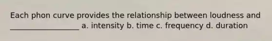 Each phon curve provides the relationship between loudness and __________________ a. intensity b. time c. frequency d. duration