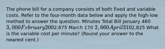 The phone bill for a company consists of both fixed and variable costs. Refer to the​ four-month data below and apply the​ high-low method to answer the question. Minutes Total Bill January 460 3,000 February 2002,675 March 170 2,660 April 3102,825 What is the variable cost per​ minute? (Round your answer to the nearest​ cent.)